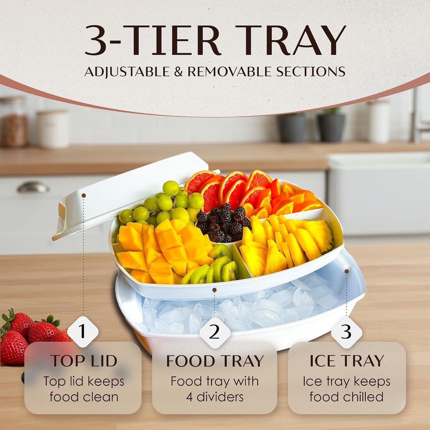 Chilled Serving Tray with Lid 15" - 3-Tier Ice Party Platter with 4 Compartments, Ice Tray, BPA-Free Melamine, Dishwasher & Freezer Safe for Fruits & Vegetables - Cutting Board Included