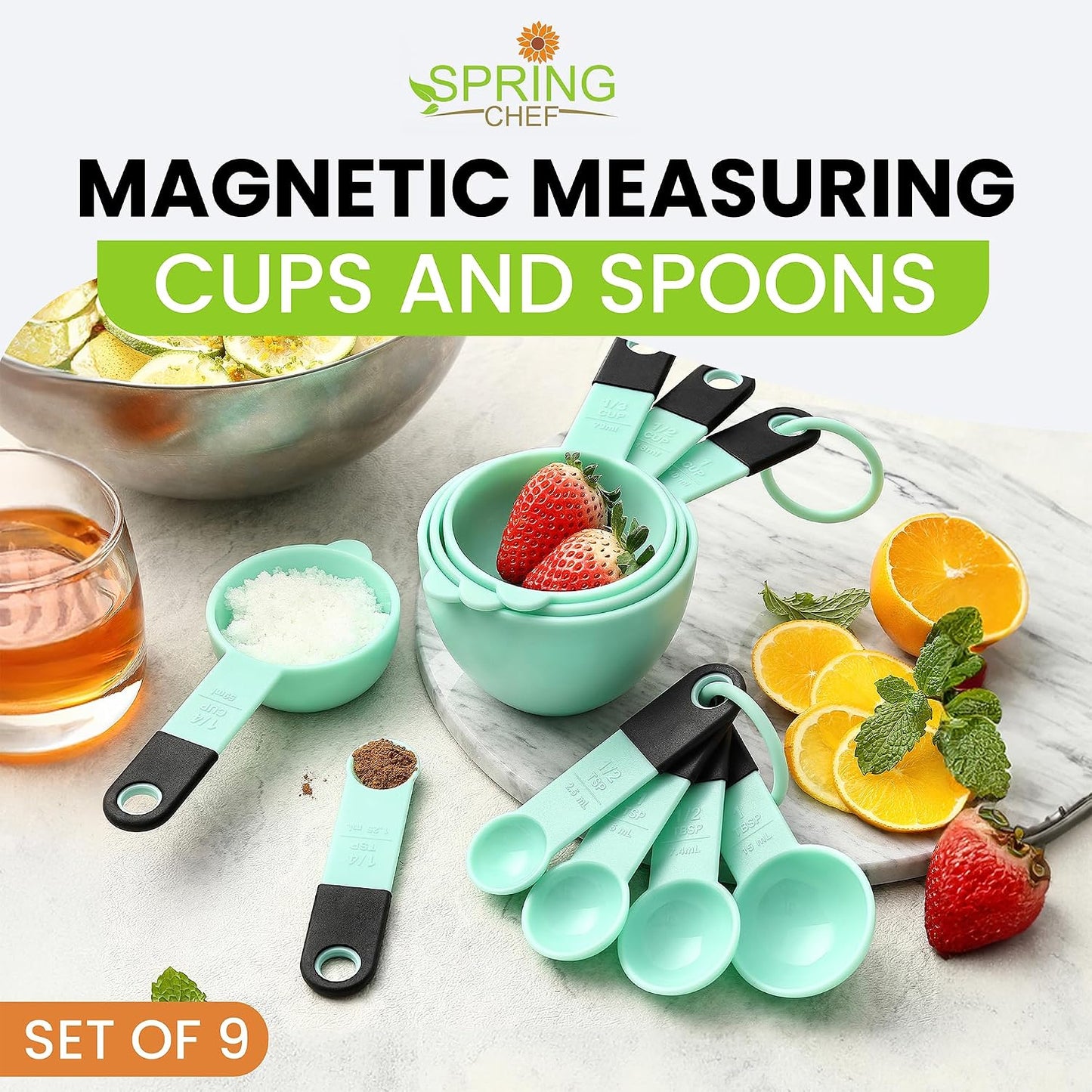 Spring Chef Magnetic Measuring Cups and Spoons Set of 9, Nesting Kitchen Tool with Easy to Read Markings for Measuring Dry or Liquid Ingredient, BPA Free, Black