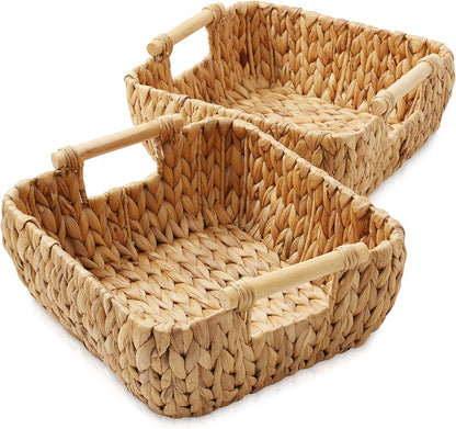 Casafield Set of 2 Water Hyacinth Oval Storage Baskets with Wooden Handles - Medium, Woven Bin Organizers