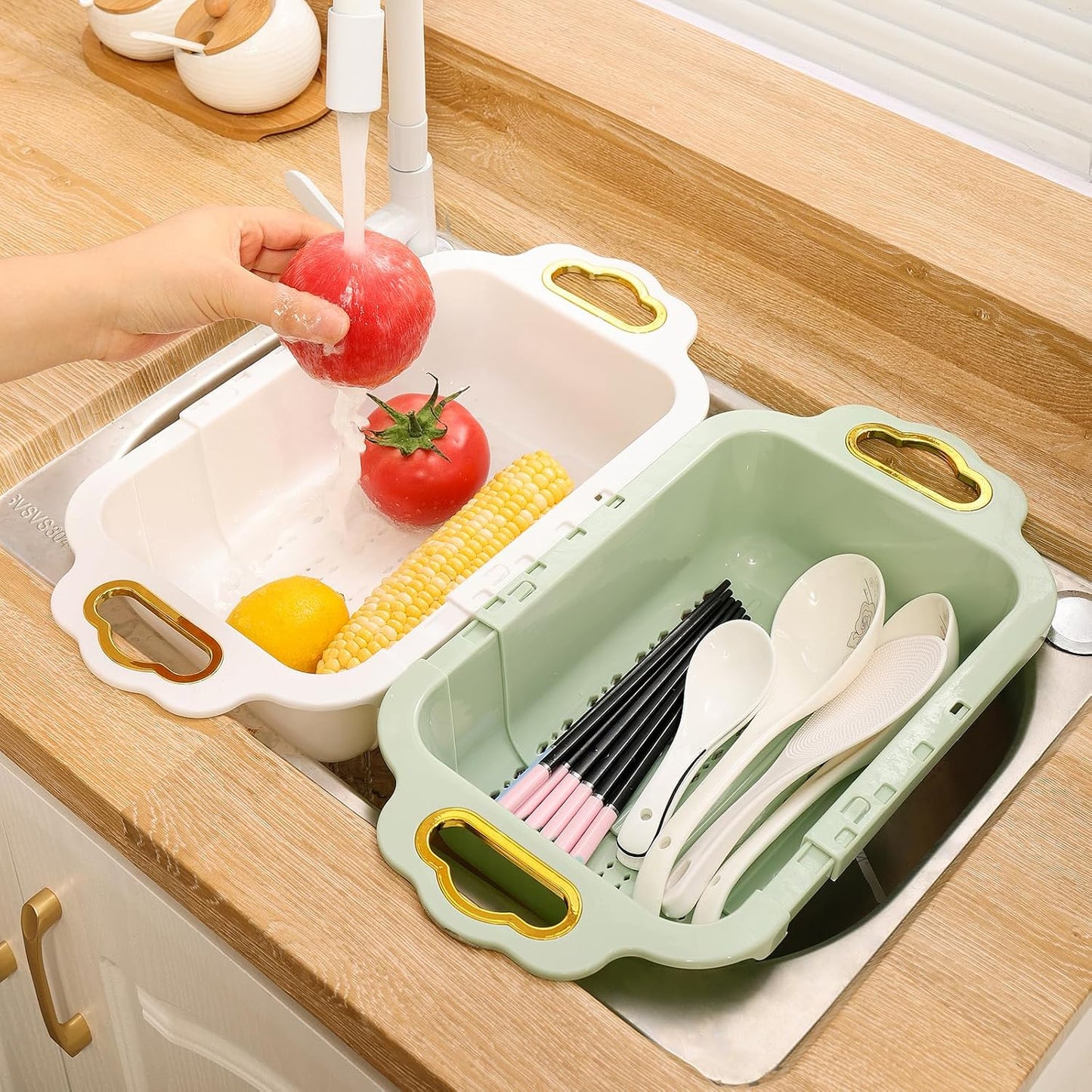 Over the Sink Colander and Extendable Colander Extendable for Kitchen -Strain, Drain, Rinse Fruits, Vegetables 8.26 inches Width (2pack)
