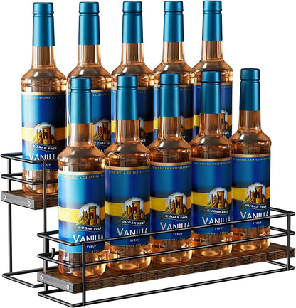 Nuovoware Coffee Syrup Organizer, 2-Tier 10 Bottles Bar Organizer, Separable Metal Rack with Wooden Base Whiskey Wine Dressing for Countertop Kitchen Coffee Bar, Black
