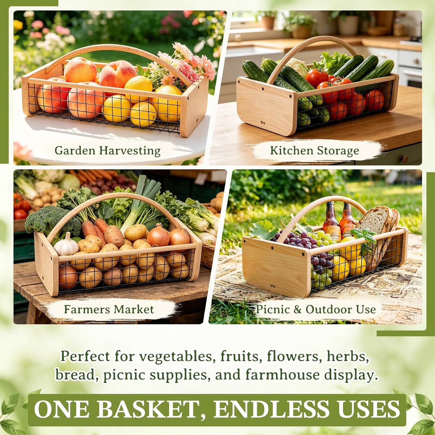 Garden Hod Harvest Basket, Wooden Garden Harvest Basket with Metal Mesh, Vegetable Gathering Basket for Fruit Picking, Rinse & Drain Gardening Basket for Kitchen, Picnic, Farmhouse Decor-Big