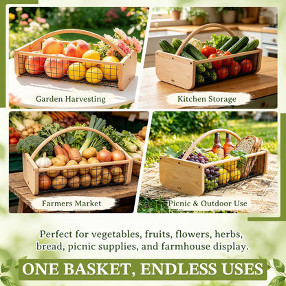 Garden Hod Harvest Basket, Wooden Garden Harvest Basket with Metal Mesh, Vegetable Gathering Basket for Fruit Picking, Rinse & Drain Gardening Basket for Kitchen, Picnic, Farmhouse Decor-Big