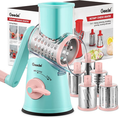Geedel Rotary Cheese Grater, Kitchen Mandoline Vegetable Slicer with 3 Interchangeable Blades, Easy to Clean Rotary Grater Slicer for Cheese, Vegetables, Nuts