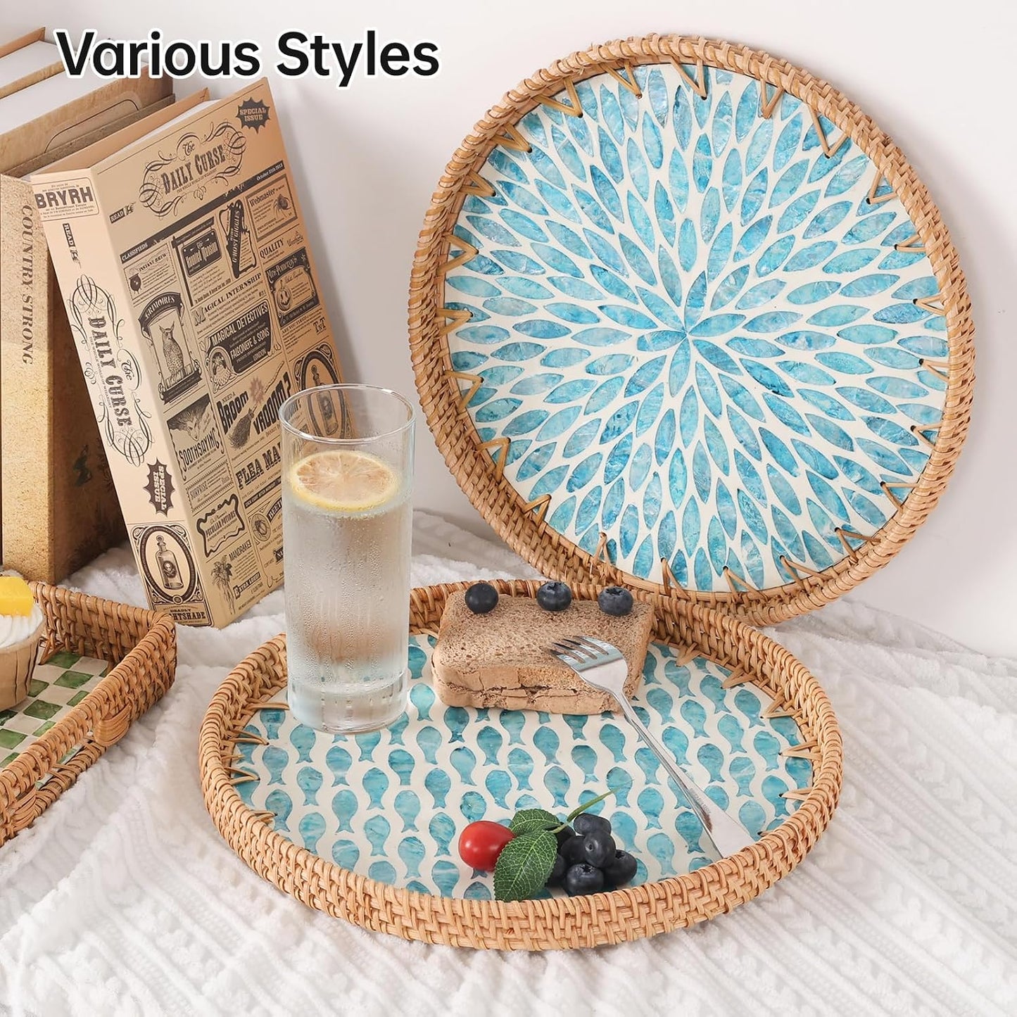 Round Rattan Tray with Mother of Pearl Inlay, Rattan Serving Tray for Coffee, Bread, Fruits, Decorative Wicker Tray for Table Decor, Home Decor, Kitchen Island Decor(Black Checkerboard, 11.8")