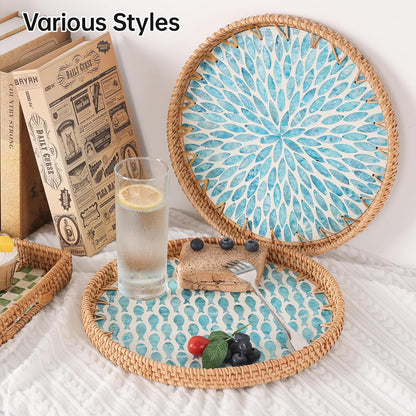 Round Rattan Tray with Mother of Pearl Inlay, Rattan Serving Tray for Coffee, Bread, Fruits, Decorative Wicker Tray for Table Decor, Home Decor, Kitchen Island Decor(Black Checkerboard, 11.8")