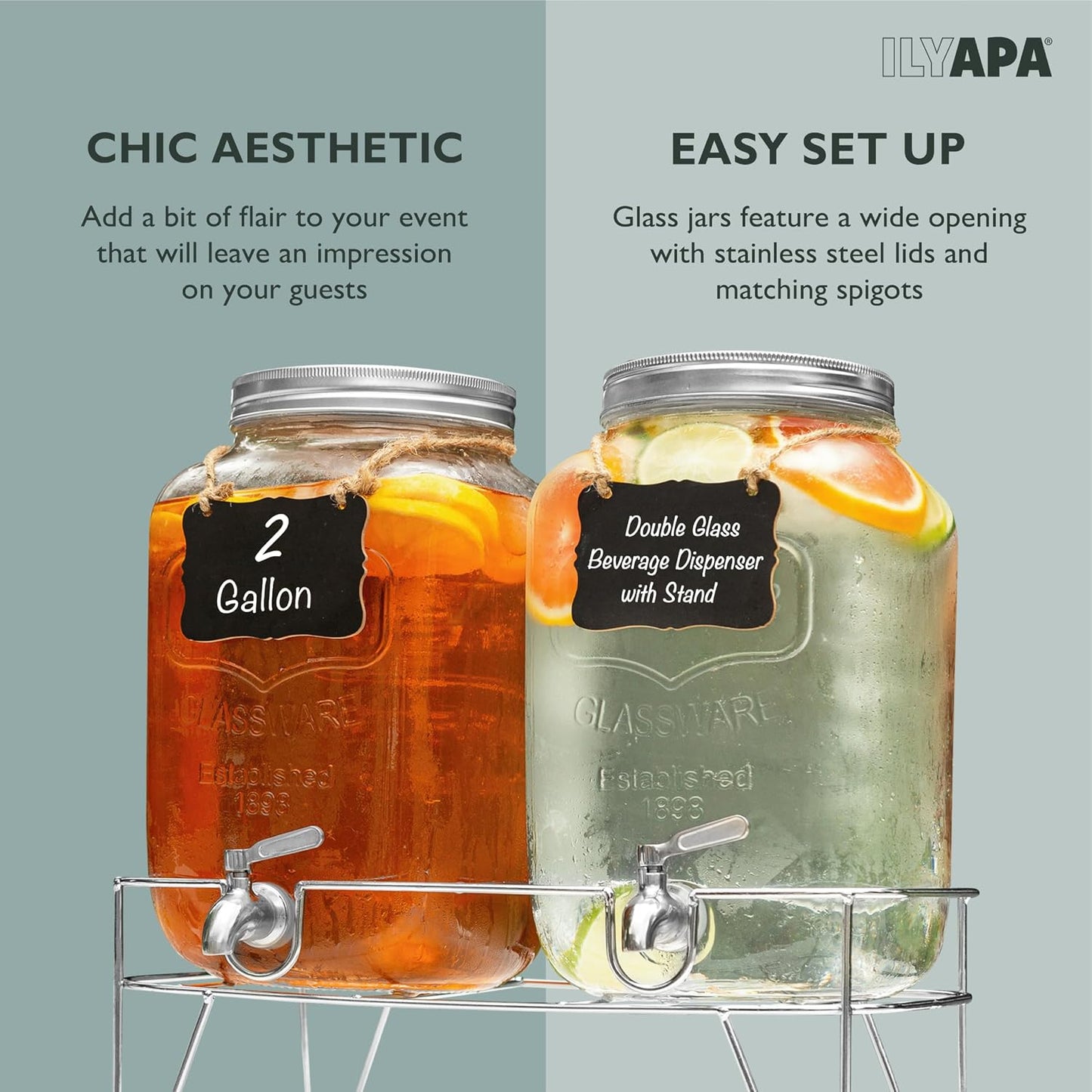 Ilyapa 2 Gallon Glass Beverage Dispenser, Metal Base, Stainless Steel Spigot & Hanging Chalkboard - for Lemonade, Tea, Cold Water & More