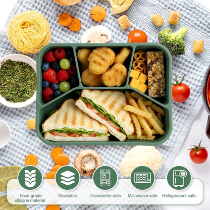Honeydak 6 Pcs Silicone Bento Box Reusable Lunch Container 4 Compartment Snack Boxes with Lid Smooth LeakProof Rectangle Food Boxes for Adult Work Travel Food Storage (Cute Color)