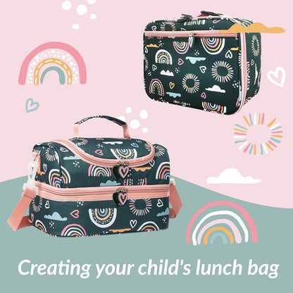 Insulated Kids Dual Compartment Lunch Bags Tote Pack for Girls Boys Toddler Kindergarten School Picnic Cooler Thermal Lunch Boxes with Strap (Green Rainbow)