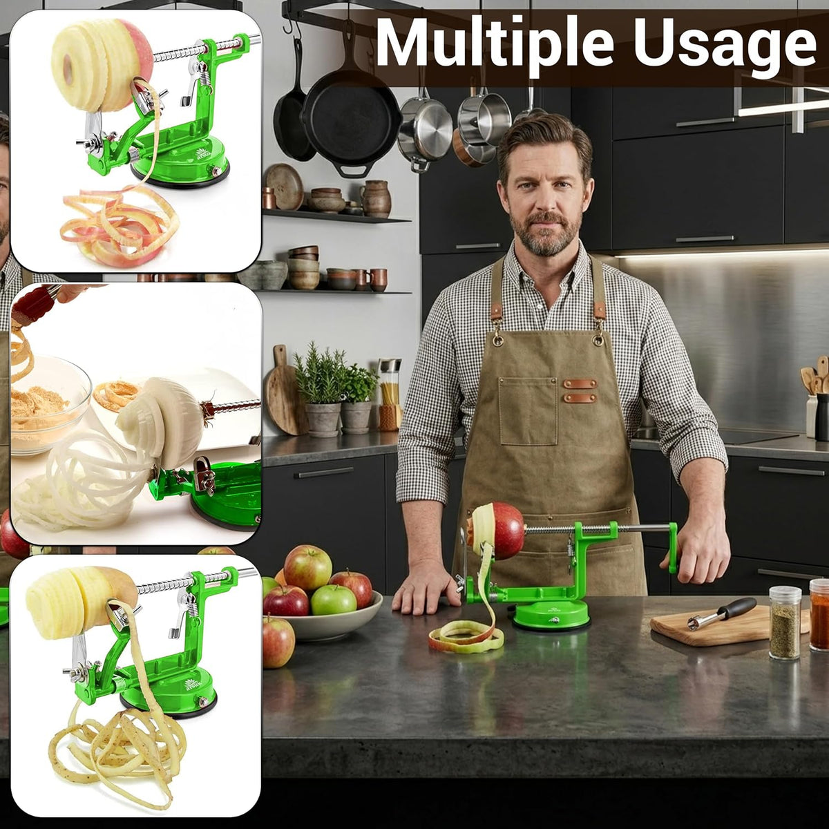 Apple Peeler Corer Slicer All in One – Apple Peeler Slicer Corer with Stainless Steel Blades, Multi-Function Apple Potato Peeler (Green Apple Peeler)