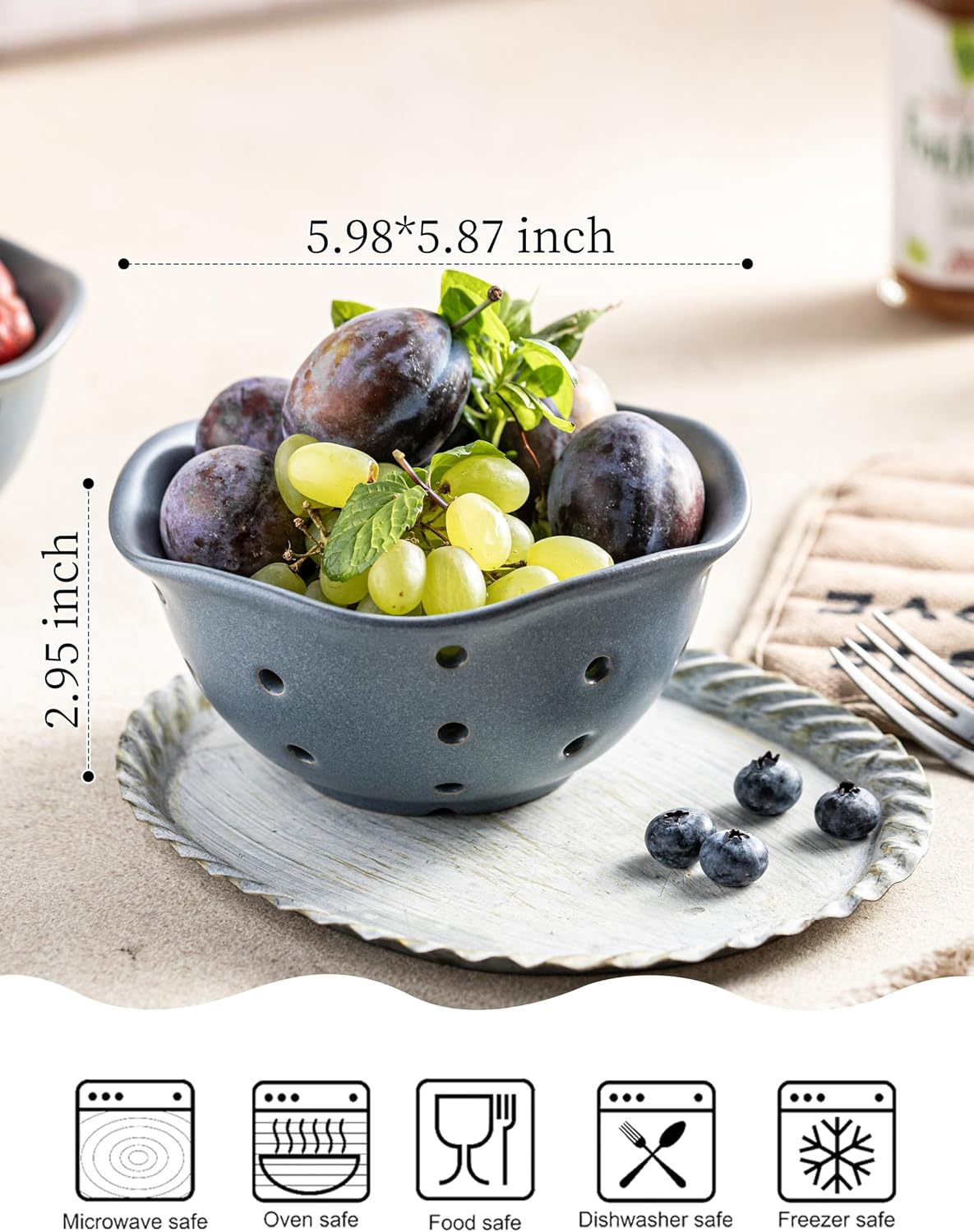 Gomakren Berry Bowls with Holes Ceramic, Berry Washing Bowl Basket Set of 2, 5.8 Inch Round Fruit Bowl Storage Containers, Strawberry Baskets, Farmhouse Kitchen Decor, Yellow + Brown