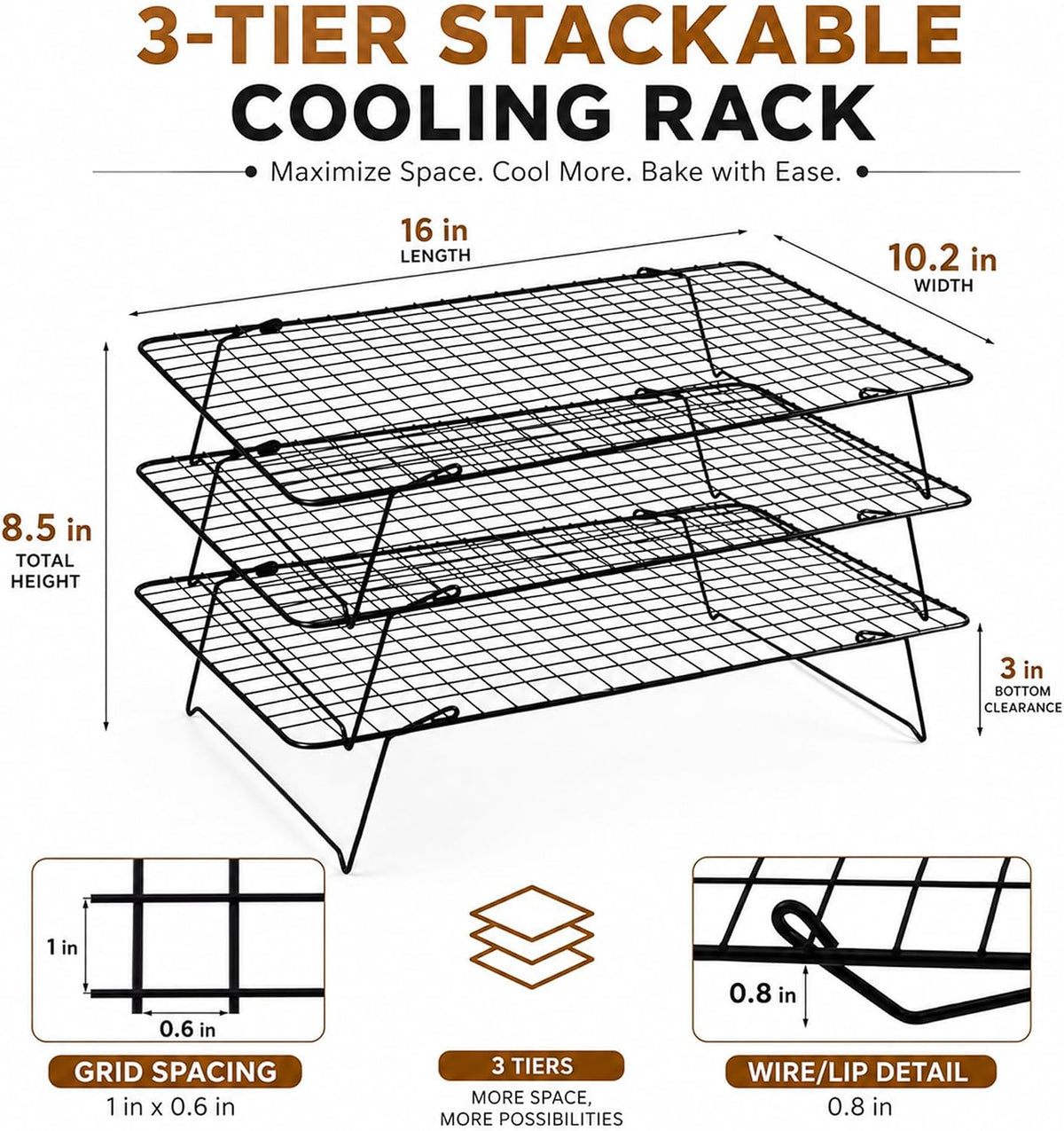 Cooling Rack 16"x10", 3-Tier Stackable & Collapsible Cooling Racks