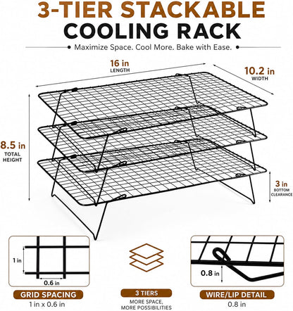 Cooling Rack 16"x10", 3-Tier Stackable & Collapsible Cooling Racks