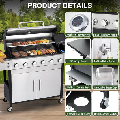 Gas Grill with Side Burner, 3-Burner Propane Grill with Porcelain-Enameled Cast Iron Grates and Double-Wall Insulated Lid, 39,000 BTU BBQ Grill with Wheels for Outdoor Cooking