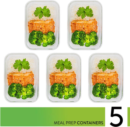 PrepNaturals 5 Pack 30 Oz Glass Meal Prep Containers - Dishwasher Microwave Freezer Oven Safe - Glass Storage Containers with Lids (Multi-Compartment)
