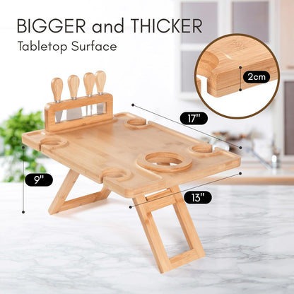 Charcuterie Picnic Table with Wine Glass Holder, Portable Wine & Cheese Board, 4-Piece Cheese Knife Set (Gold) w/Detachable Knife Stand, Bamboo Charcuterie Table, Hosting & Wine Gift