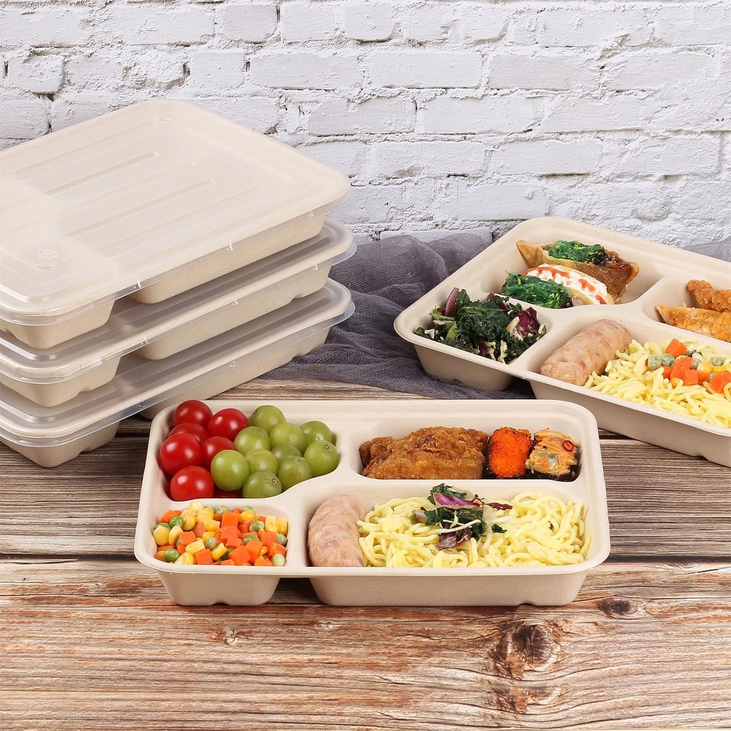 23 oz 3 Compartments disposable plates with Lids Plant Fiber 50 Pack