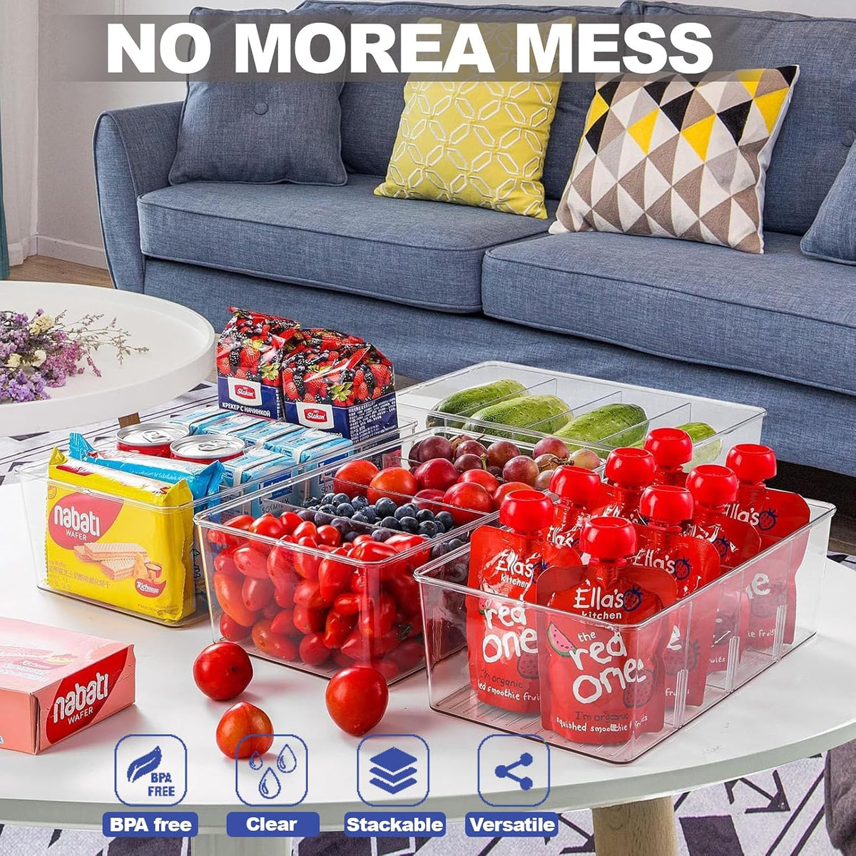 4PCS Food Storage Organizer Bins Clear Plastic Removable Snack Organizer Pantry Organization Storage Racks with Removable Divider,Perfect for Kitchen,Fridge,Cabinet,Bathroom Organization