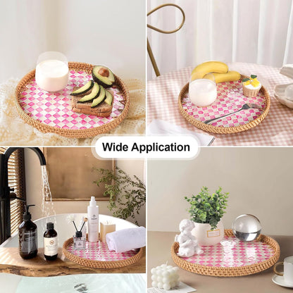 Round Rattan Tray with Mother of Pearl Inlay, Rattan Serving Tray for Coffee, Bread, Fruits, Decorative Wicker Tray for Table Decor, Home Decor, Kitchen Island Decor(Black Checkerboard, 11.8")