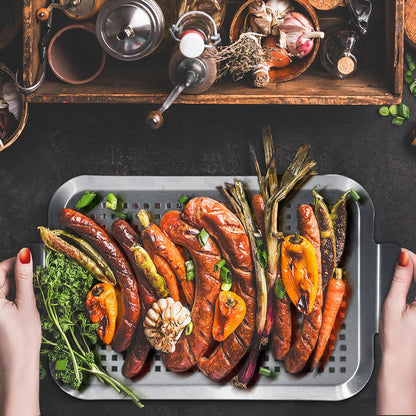 Grill Pan Set of 2, BBQ Grill Topper for Outdoor Grill, Stainless Steel Grilling Baskets with Holes and Handles, Perforated Food Tray Barbecue Accessories for Vegetable, Fish, Meat, Seafood