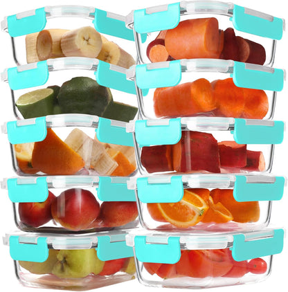 BAYZZ 10 Pack 22 oz Glass Meal Prep Containers, Glass Food Storage Containers with Airtight Lids, BPA-Free, Freezer and Microwave Safe
