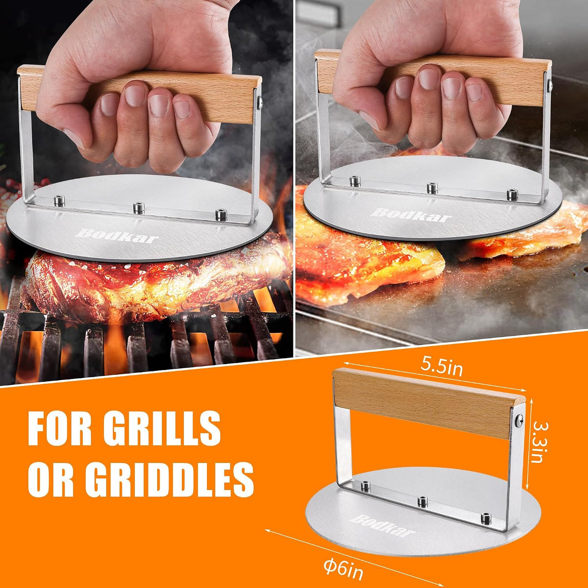 bodkar Stainless Steel Burger Press, 6 inch Round Burger Smasher