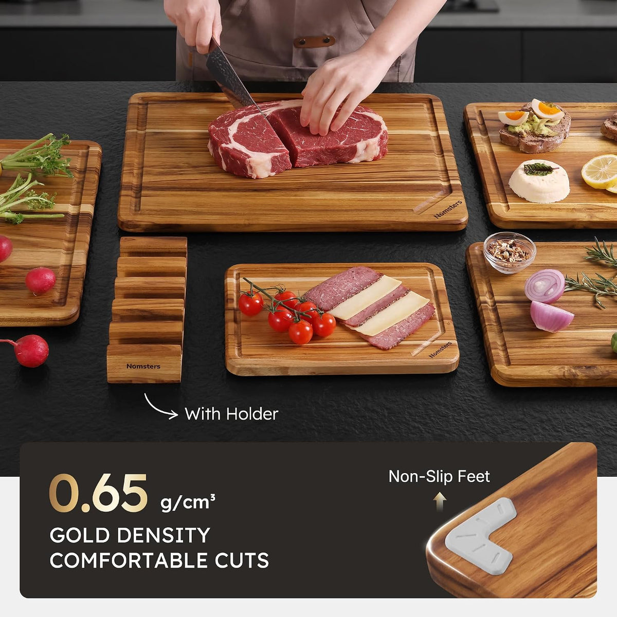 3 Pack Teak Wood Cutting Board Set for Kitchen Charcuterie Board Serving Heavy Duty Non Toxic Slip Hardwood Over Sink Solid Thick Haus Wooden Chopping Board Large Big Small Meat Best Essential Gift