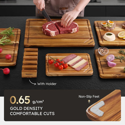 3 Pack Teak Wood Cutting Board Set for Kitchen Charcuterie Board Serving Heavy Duty Non Toxic Slip Hardwood Over Sink Solid Thick Haus Wooden Chopping Board Large Big Small Meat Best Essential Gift