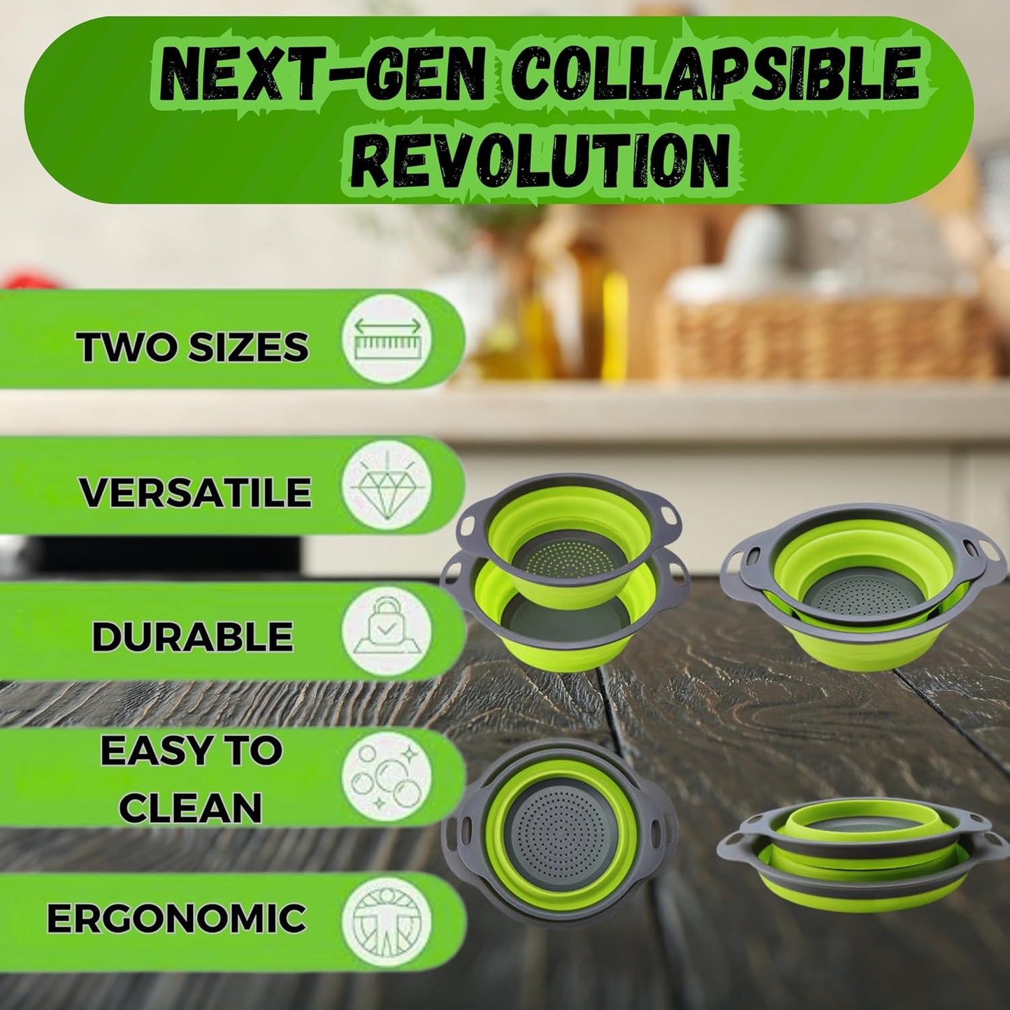 Collapsible Colander Set of 2, Foldable Silicone Pasta Strainer with Handles, 2 Pack Space Saving Kitchen Colander for Fruits,Space Saving Pasta Strainer Basket for Fruits & Vegetables