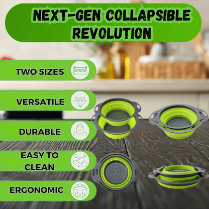 Collapsible Colander Set of 2, Foldable Silicone Pasta Strainer with Handles, 2 Pack Space Saving Kitchen Colander for Fruits,Space Saving Pasta Strainer Basket for Fruits & Vegetables