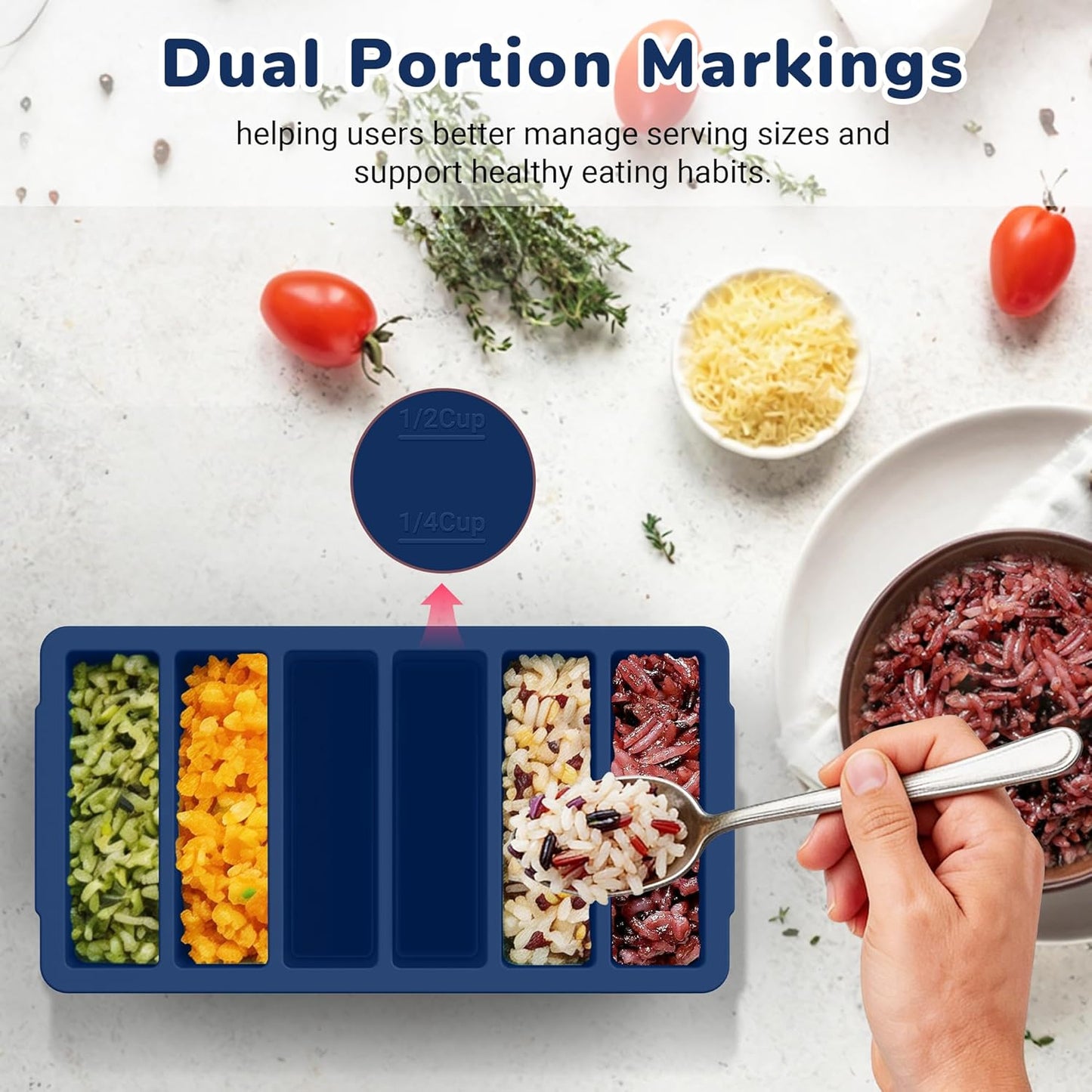 Silicone Freezer Trays with Lid (4-Pack), 1-Cup, 2-Cup, 1/2-Cup & 2-Tbsp Silicone Freezer Molds, Stackable Soup Freezer Meal Prep Containers,Ice Cube Tray for Making Sauce,Smoothies,Yogurt Bites