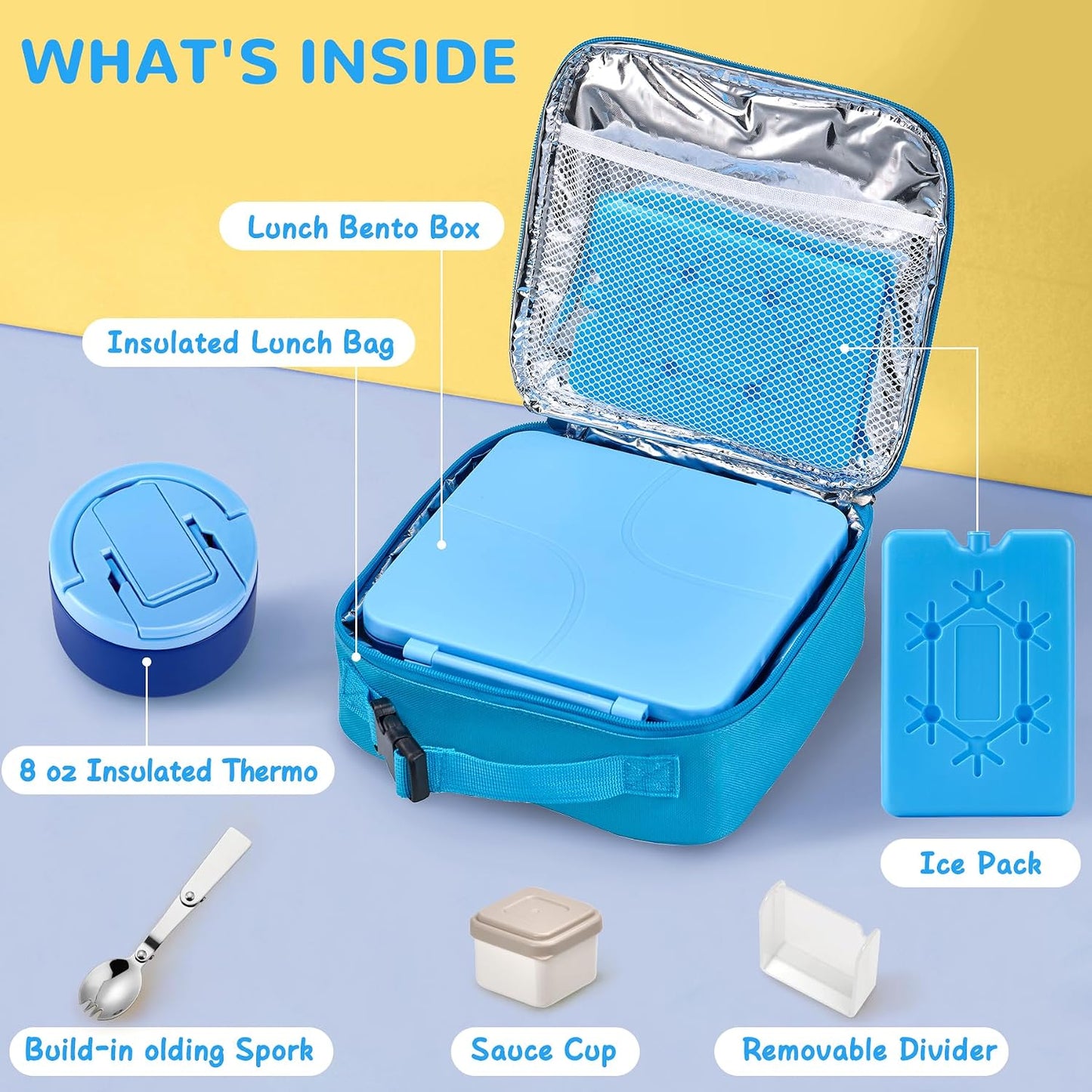 MAXSO Bento Lunch Box Set with 8 oz Soup Thermo, Kids Leakproof 4 Compartments Hot Food Container with Sauce Cup, Ice Pack and Lunch Bag, Child Insulated Food Jar for School - Black