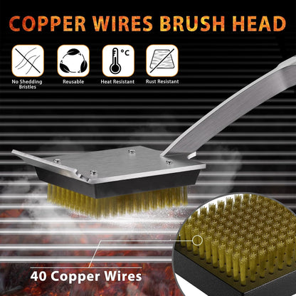 ENLOY Grill Brush and Scraper for Barbecue, 17" Grill Brush for Outdoor Grill, Extended Rosewood Handle and 2 Replaceable Copper Wire Brush Heads, Grill Cleaning Brush Grill Accessories for Most Grill