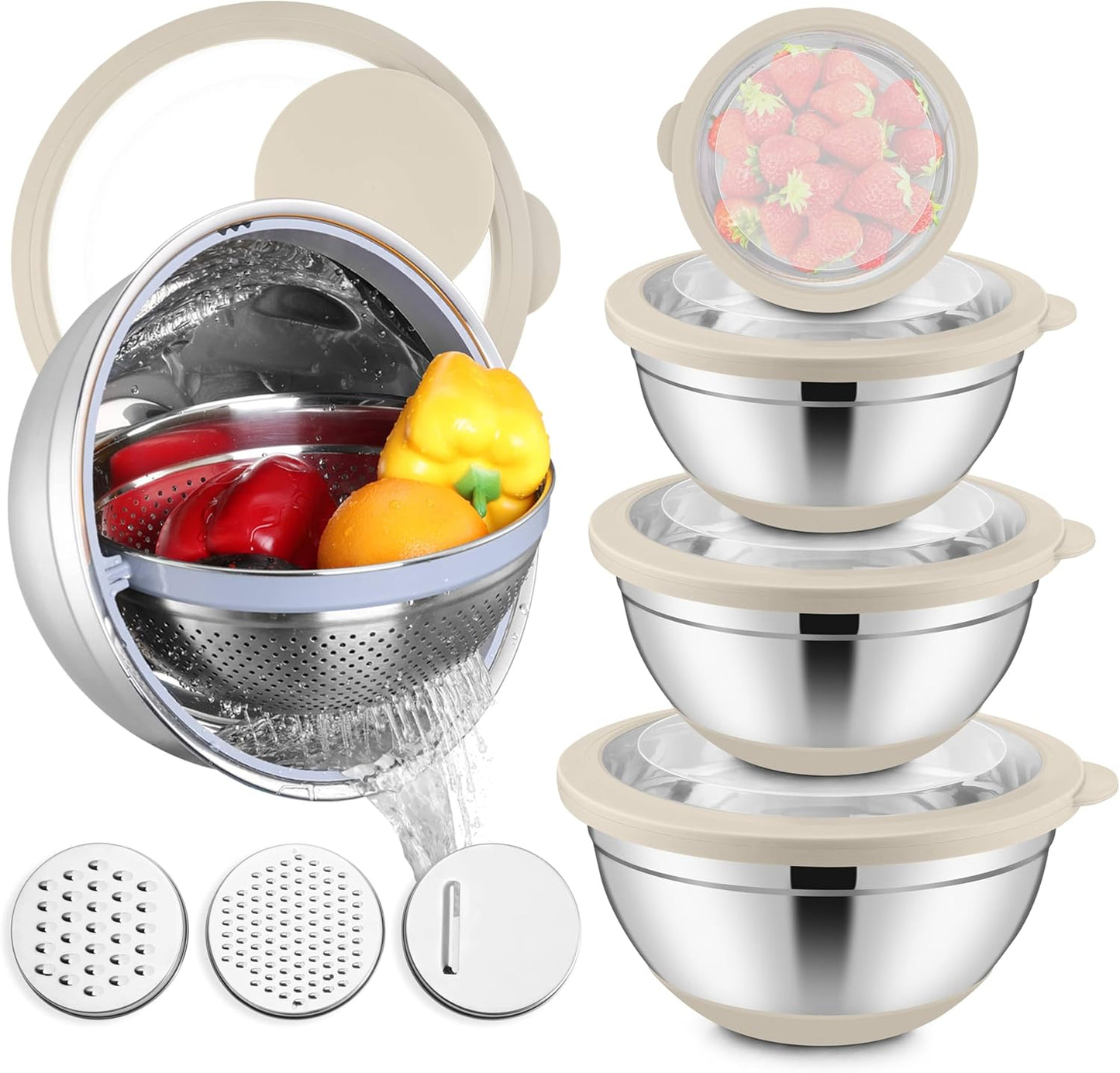 E-far Mixing Bowls with Lids Set, 15PCS Stainless Steel Mixing Nesting Bowl with Colander & 3 Metal Grater for Kitchen Prep/Baking/Storage, Non-Slip Bottom & Airtight Lid, 4.6, 3, 1.5, 1, 0.7QT, Black