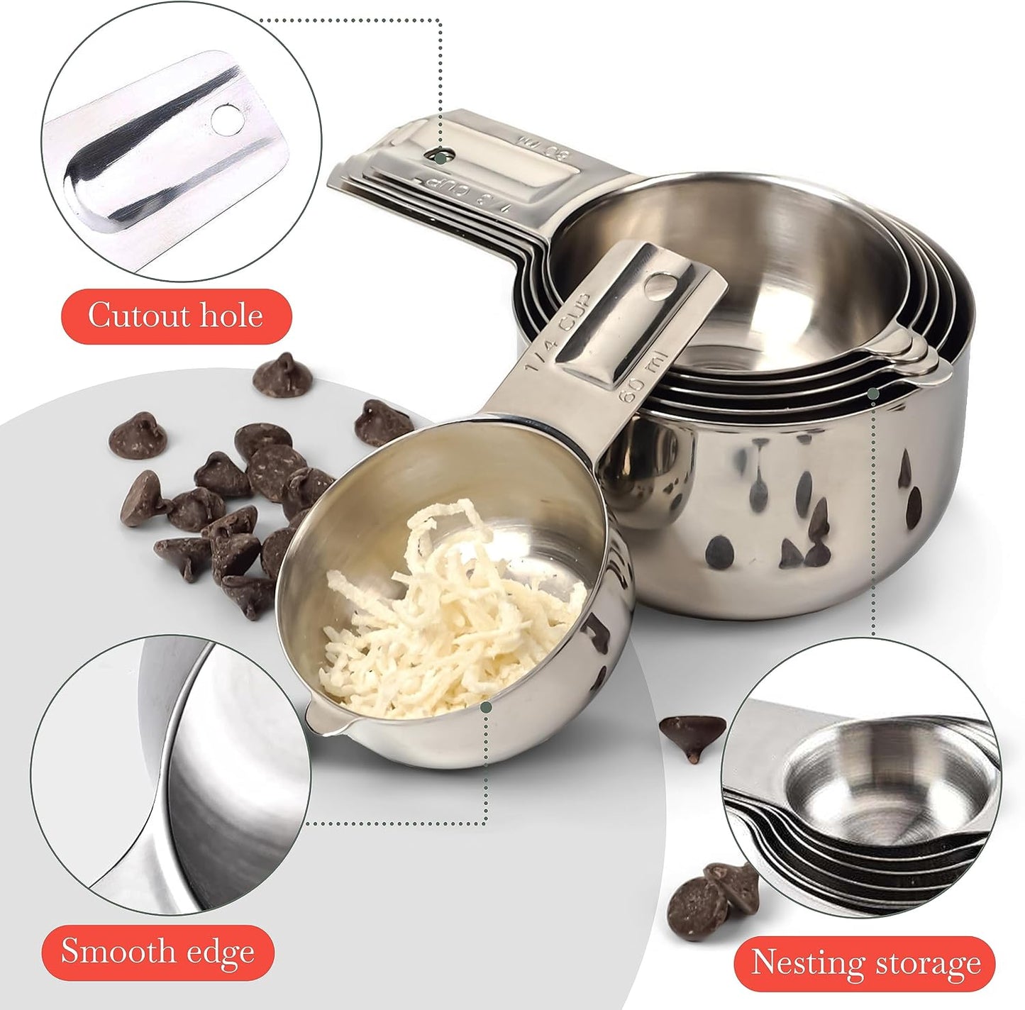 Bellemain One-Piece Stainless Steel Measuring Cups Set of 6 – Nesting Metal Measuring Cups for Kitchen – Dry & Liquid Measurements (ML & OZ), Rust-Resistant, Dishwasher Safe, Ergonomic Design