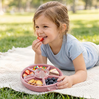 Kids Divided Snack Box with Hand Strap, Reusable 5-Compartment Kids Snack Container, BPA-Free Portable Candy & Nut Serving Platter for Travel, Parties, Picnics(Grey)