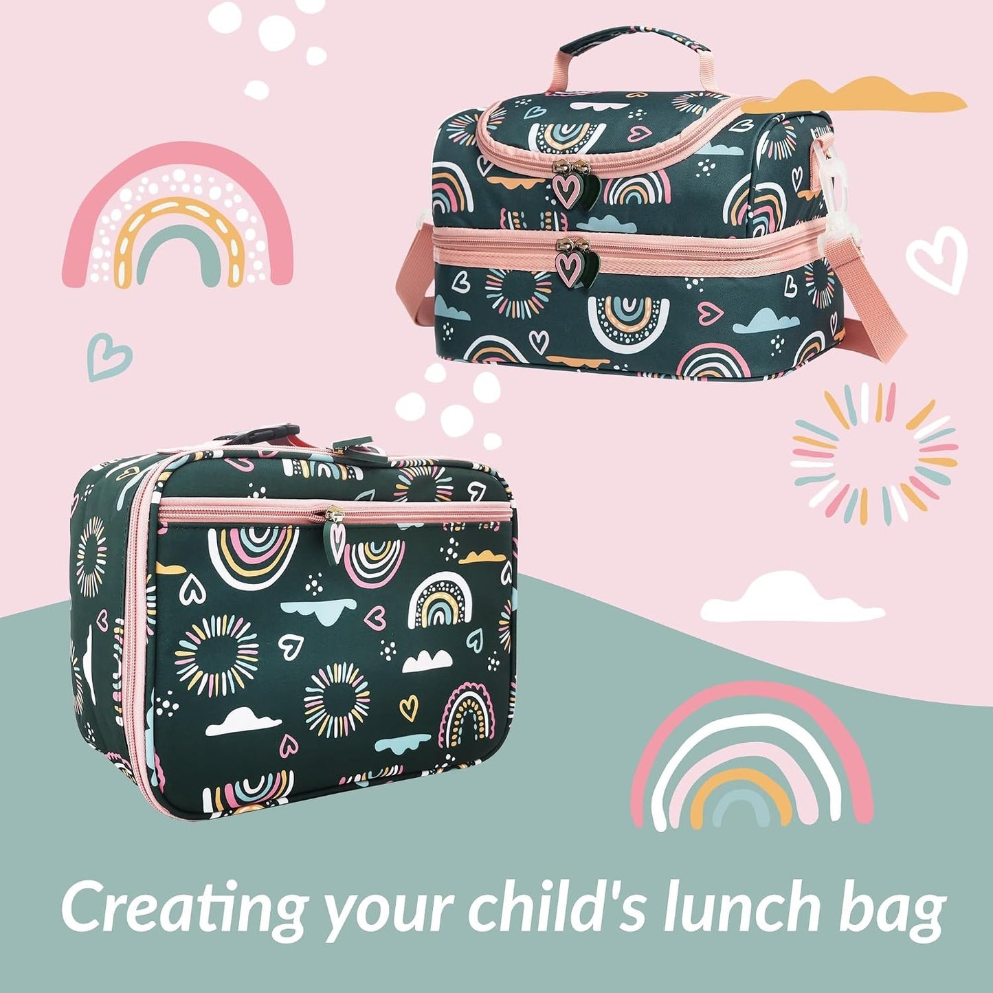 Insulated Kids Dual Compartment Lunch Bags Tote for Girls Boys Toddler School Picnic Food Cooler Thermal with Strap Lunch Boxes Blue Unicorn