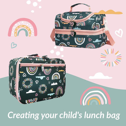 Insulated Kids Dual Compartment Lunch Bags Tote for Girls Boys Toddler School Picnic Food Cooler Thermal with Strap Lunch Boxes Blue Unicorn