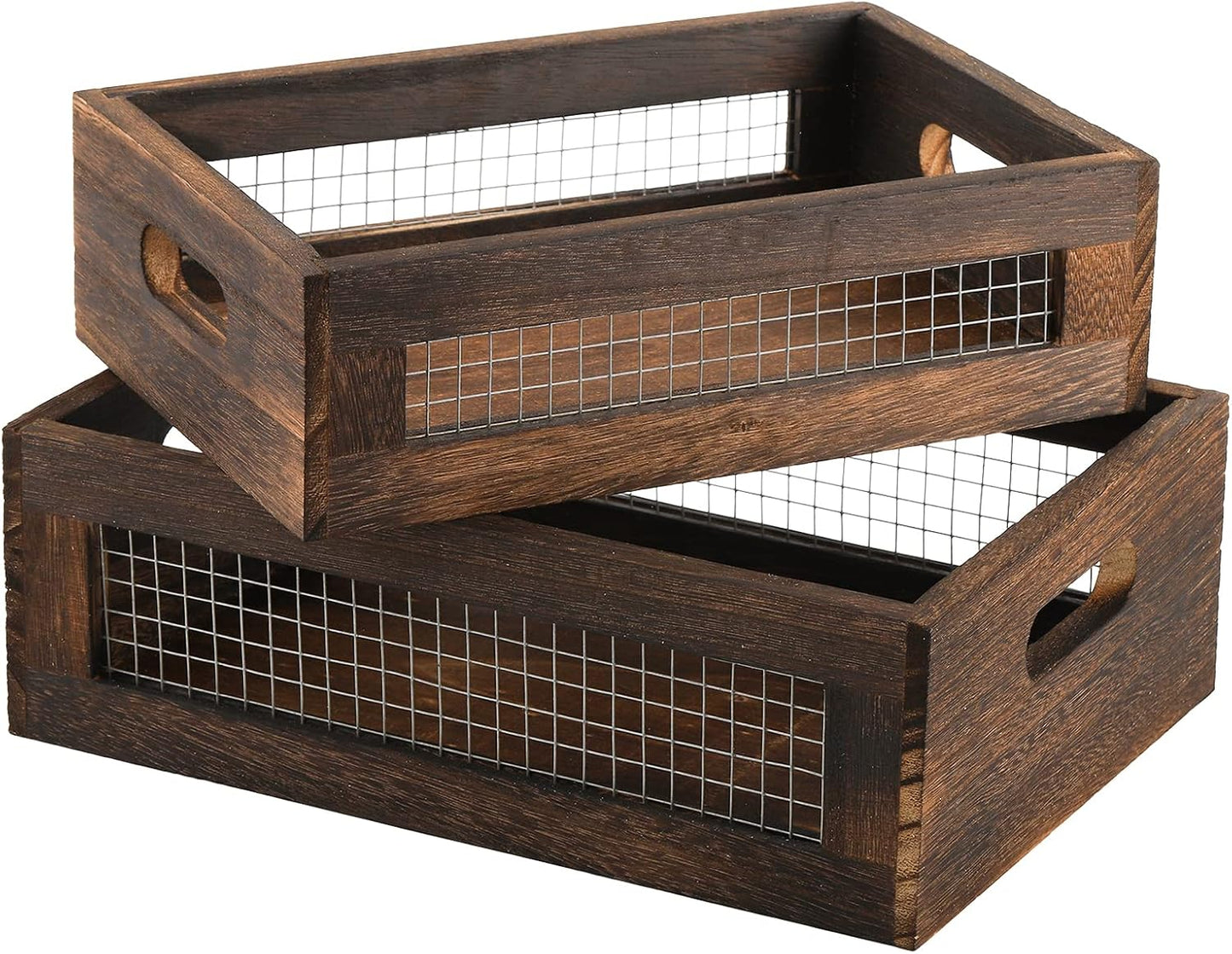 Dicunoy Set of 2 Rustic Nesting Boxes, Wooden Organizer Crates Basket, Small Decorative Wood Wire Containers with Handle for Countertop, Fruit, Veggies, Kitchen, Bathroom, Pantry Storage, Gift Basket