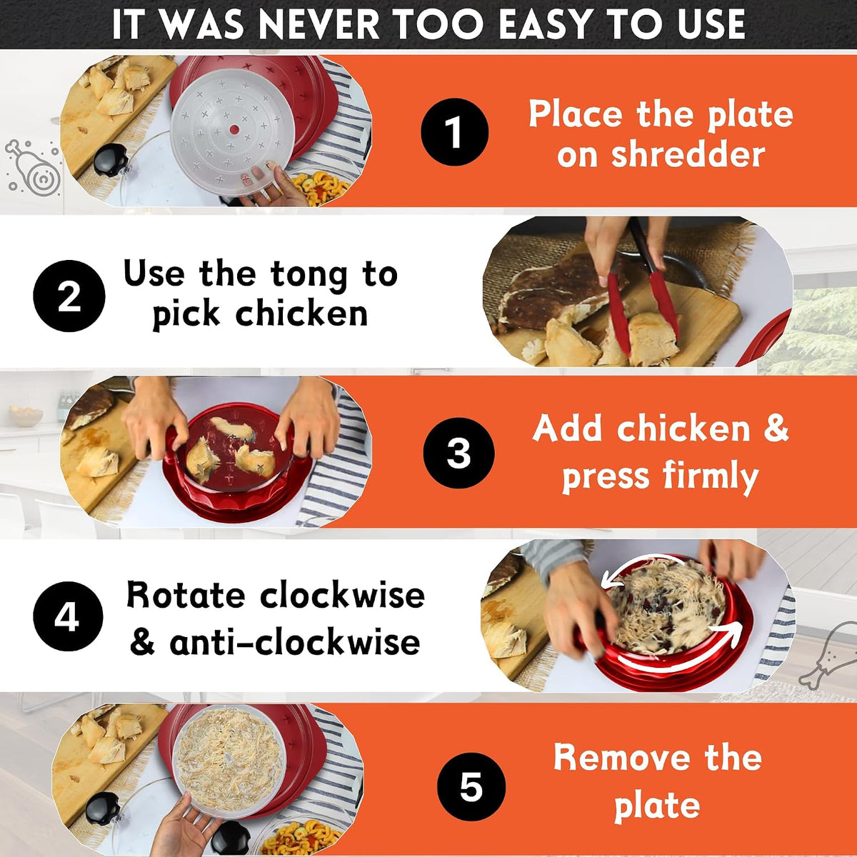 Chicken Shredder Tool Twist Large – 10.2 Inch Non Slip Meat Shredder with Removable Tray- BPA Free, Dishwasher Safe, Heat Resistant Chicken Breast Shredder with Handle & Serving Tong