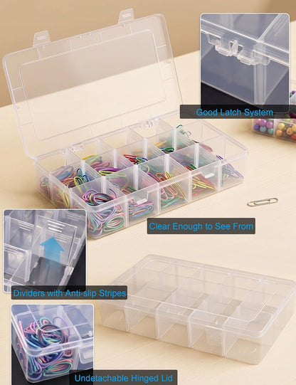 Hlotmeky Plastic Organizer Box with Dividers Bead Organizer 15 Large Grids Tackle box Organizer Clear Snackle Box Container