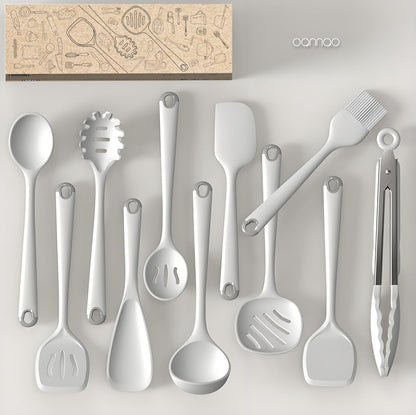 oannao Silicone Kitchen Utensils Set, 600°F Heat Resistant Silicone Cooking Utensils, Spatula, Spoon, Whisk, Tongs, Kitchen Gadgets Sets for Nonstick Cookware, Dishwasher Safe BPA Free (Black)