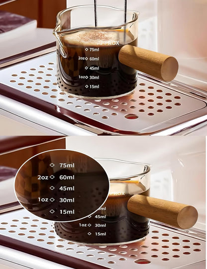 2 Piece Set 3oz Wooden Handle Double Mouthed Espresso Shot Glass, Espresso Measuring Cup, Small Transparent Glass Espresso Accessories for Machine, Milk Frother