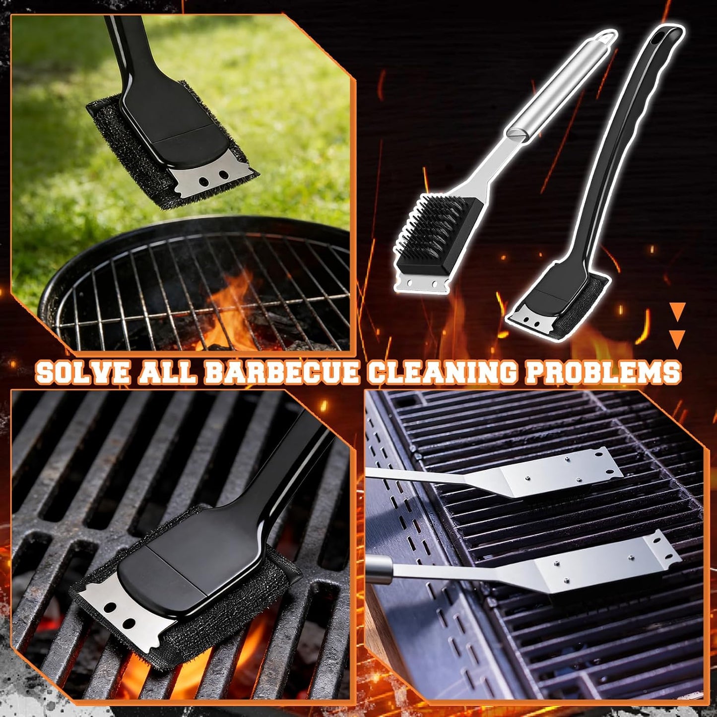 Hushee 3 Pack Grill Brush Bristle Free with Collapsible Bucket Portable Grill Brush BBQ Cleaner Scraper Durable Foldable Water Tank for Outdoor BBQ Cleaning, Dishwasher Safe