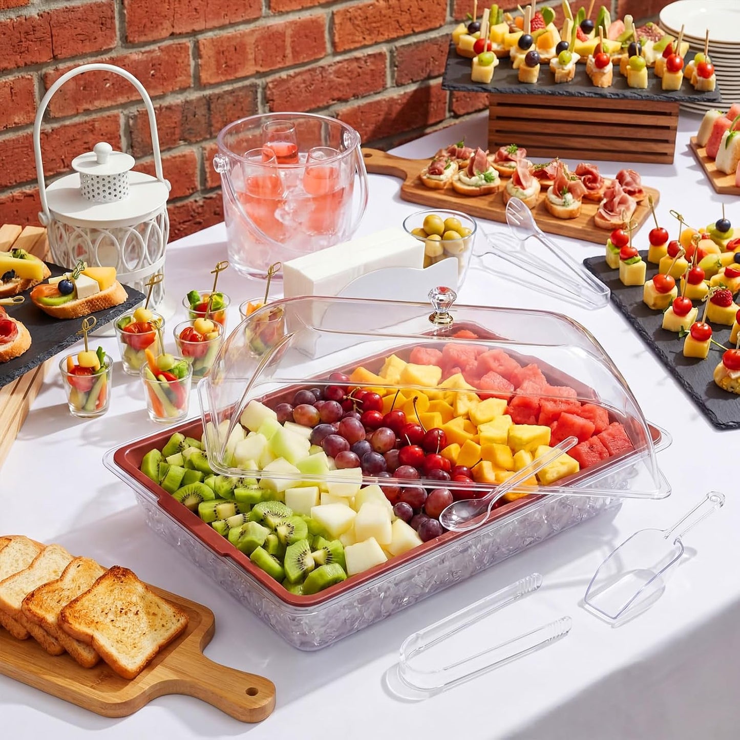 Baderke 16" x 9" Chilled Serving Tray for Parties with lids Compartments Ice Chilled Party Platter Charcuterie Serving Board Cold Dish Dip with Tongs for Fruit Seafood Vegetable (Dark Wood)