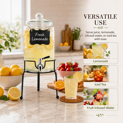 1 Gallon Beverage Dispenser 1 Pack, Stainless Steel Spigot Drink Dispenser for Parties with Stand, Clear Glass Drink Container Easy to Refill and Clean