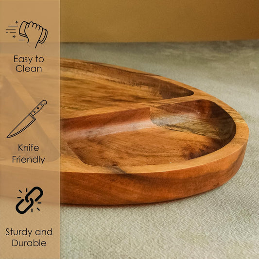 Large Wooden Divided Serving Tray – 16x10 inch Acacia Wood Platter with 4 Compartments for Snacks, Appetizers, Chips and Dips – Rustic Charcuterie Board, Chrsitmas, New Year, Thanksgiving