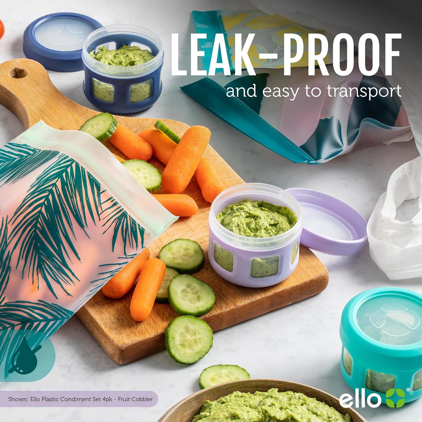 Ello Reusable Condiment Containers 4oz each with Screw-on Leak Proof Lid | Perfect for Salad Dressing Sauce Dips Lunchbox Picnic Travel Bento Box | BPA-Free | Dishwasher Safe