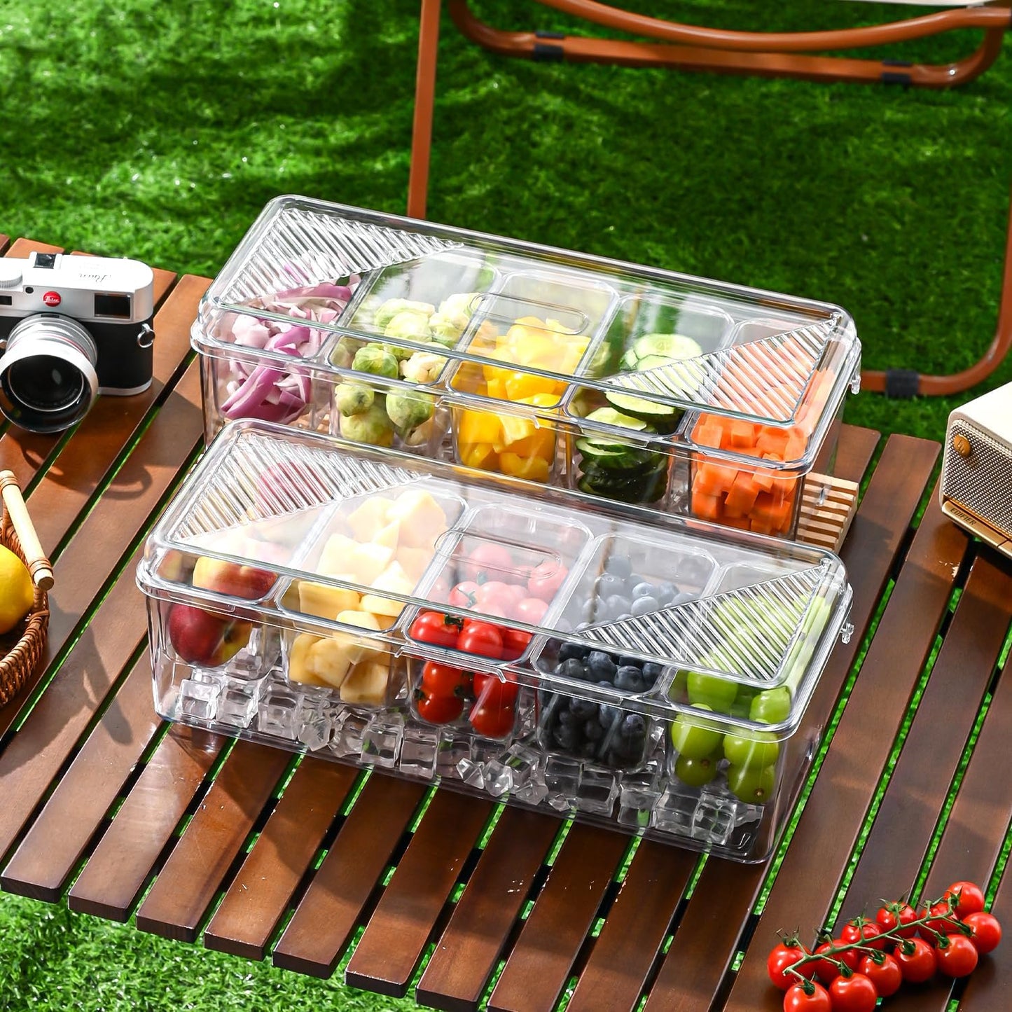 Large Chilled Condiment Caddy,Stackable Chilled Condiment Containers Server with Lids for 5 Removable Compartments (5 Containers, 1 pack)