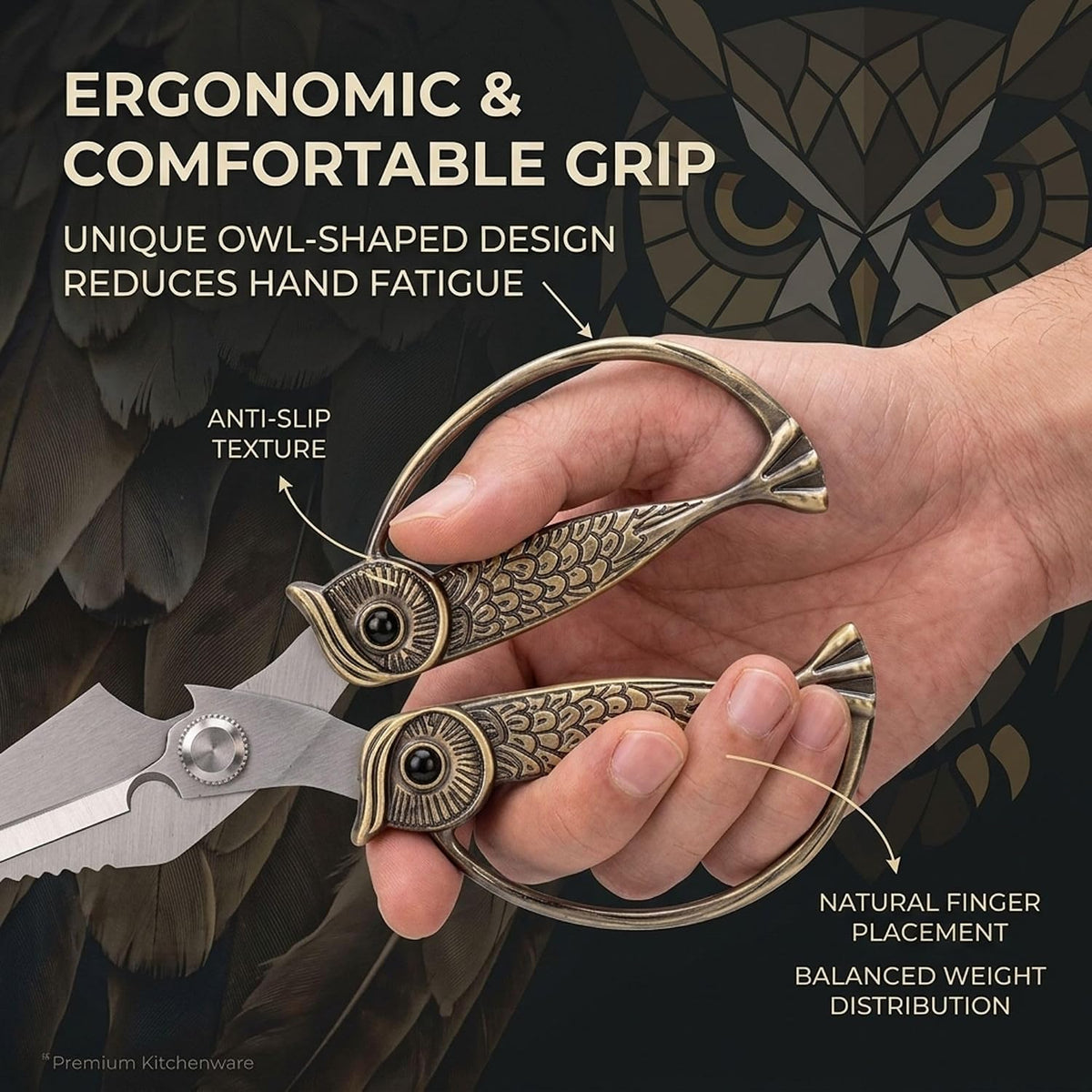 XSNBRD All Purpose Kitchen Scissors, Pearl Gold Stainless Owl Shears.